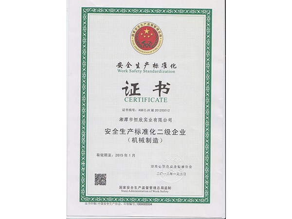 Certificate of Safety Production Standardization Level 2 Enterprise
